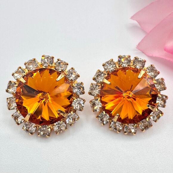 Vintage Orange Crystal Rivoli Headlight Stud Earrings Channel Set Rhinestones - Picture 1 of 7